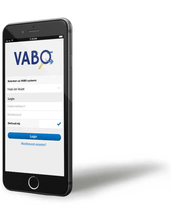 iPhone met screenshot van VABO app